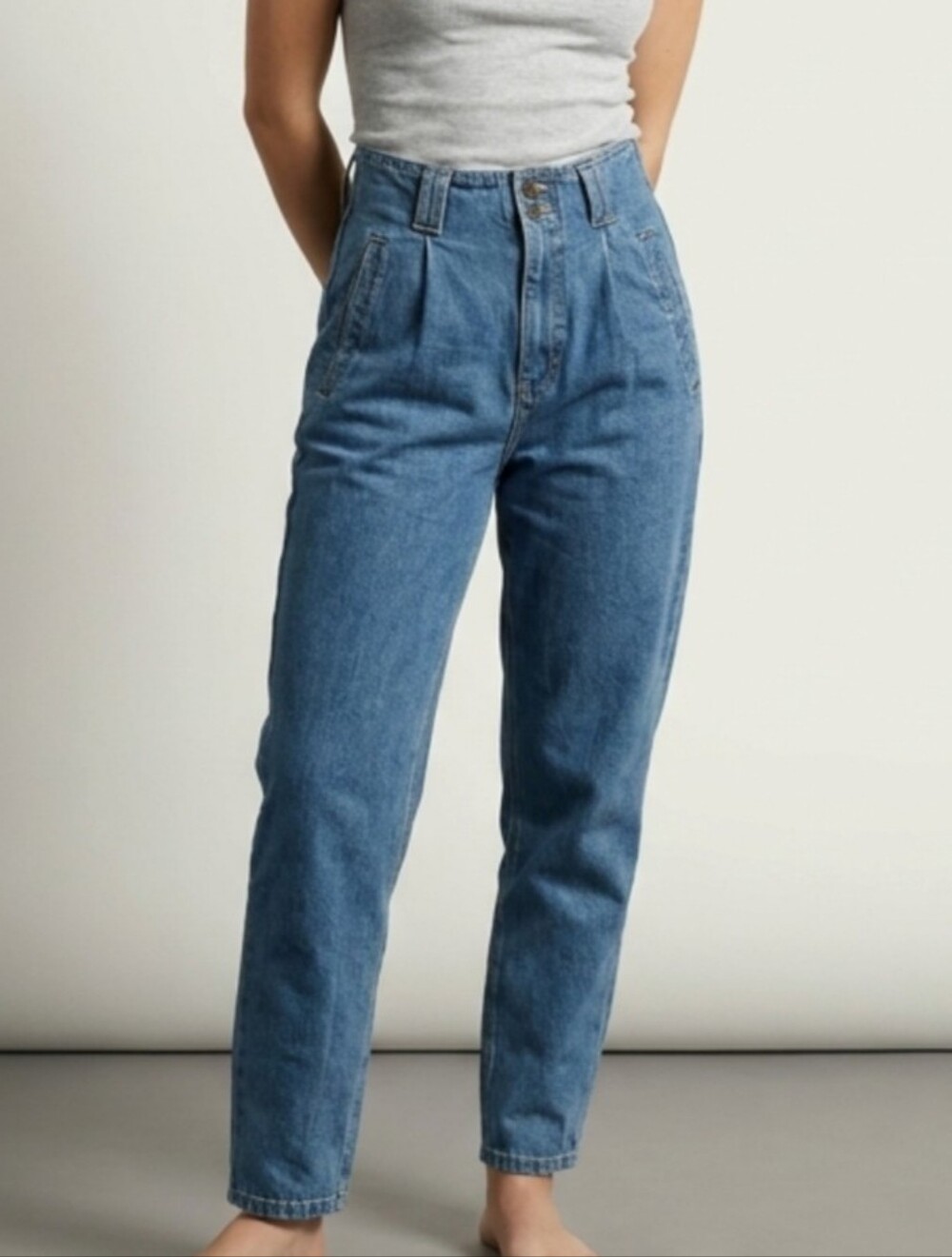 Vintage Deadstock High-Rise Blue Pleated Tapered Ankle Jeans